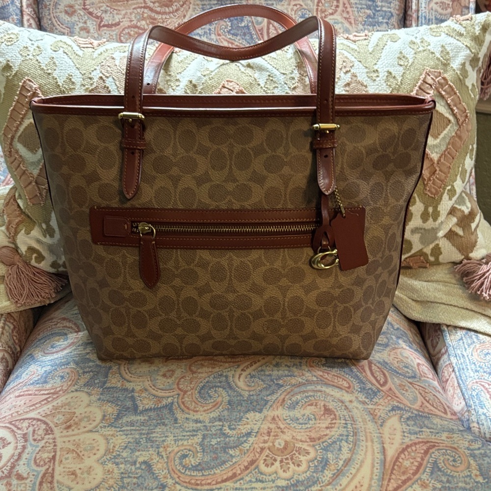Coach Brown, Tan, Rust Logo Tote with Gold Accents and Sculpted C Bag Charm
